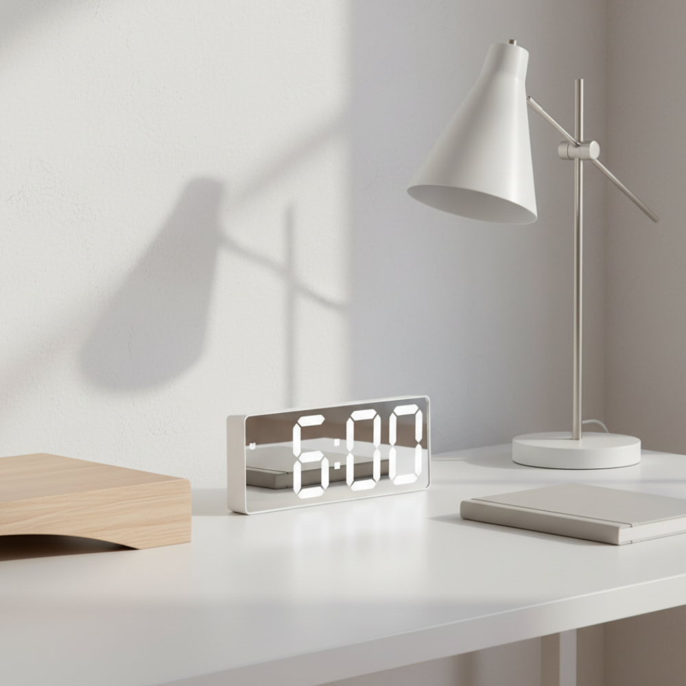 Mirrored LED Bedside Clock – Time, Temp & Alarm Display | Thomler