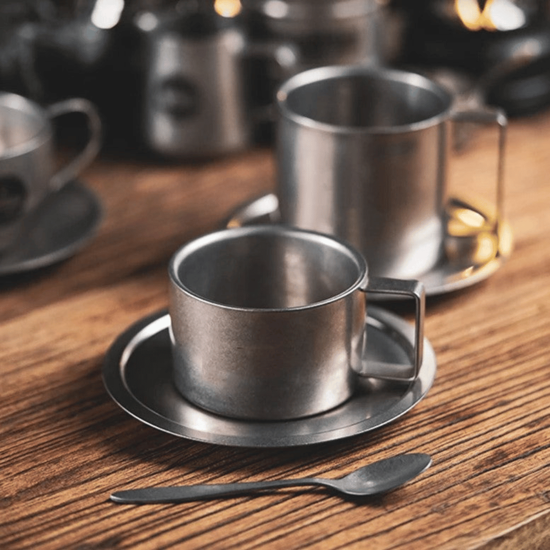 Stainless Steel Double-Wall Coffee Mug with Saucer & Spoon – Insulated Metal Espresso Cup for Hot Drinks, Kitchen Drinkware Set | Thomler