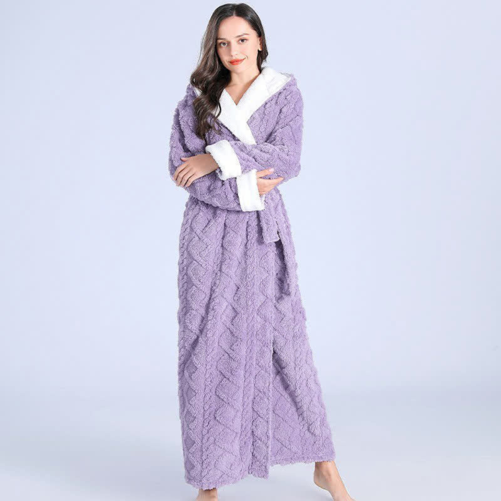 Women's Hooded Fleece Bath Robe with Pockets Long Soft Loungewear for Home & Spa Gray Pink Purple Green Winter Wrap | Thomler