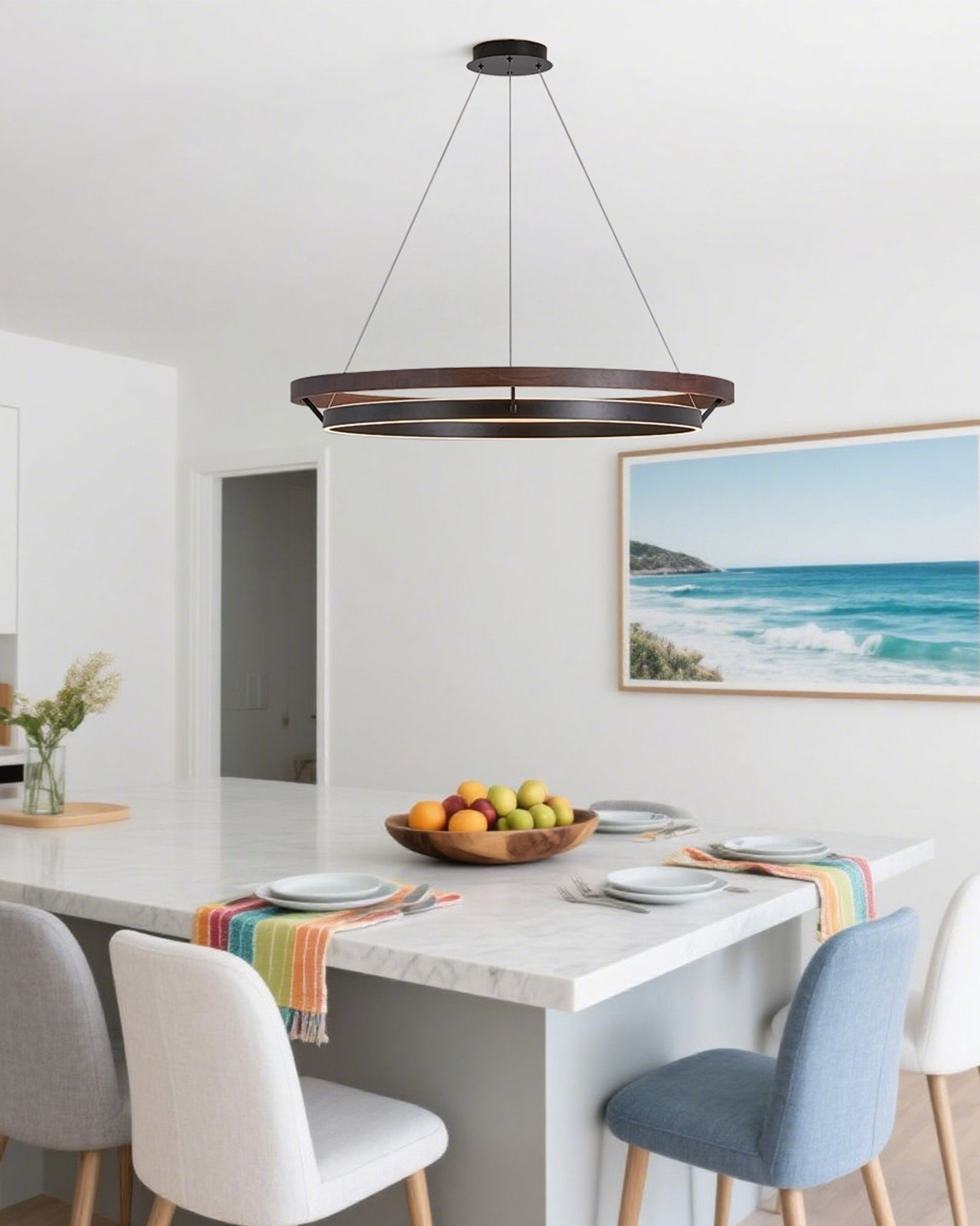 Pendant Light Wood Ring 60.0 cm (23.6") LED Dining Room Adjustable Hanging Ceiling Chandelier Modern Farmhouse Kitchen Island | Thomler