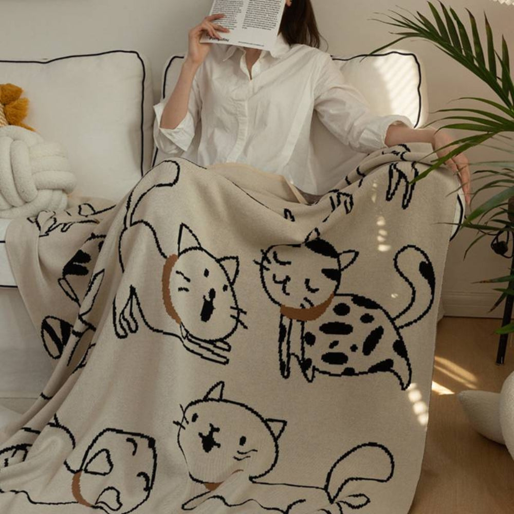 Cat Pattern Throw Blanket – 100% Cotton Weave – Breathable All-Season Bed & Sofa Cover | Thomler