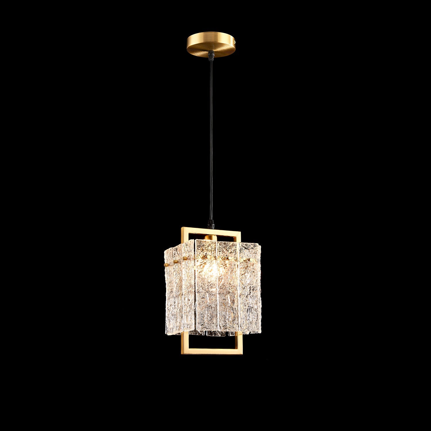 Square Cage Pendant Light Fixture with Textured Glass Shade & Gold Frame for Dining Room, Kitchen Island, Bedroom | Thomler