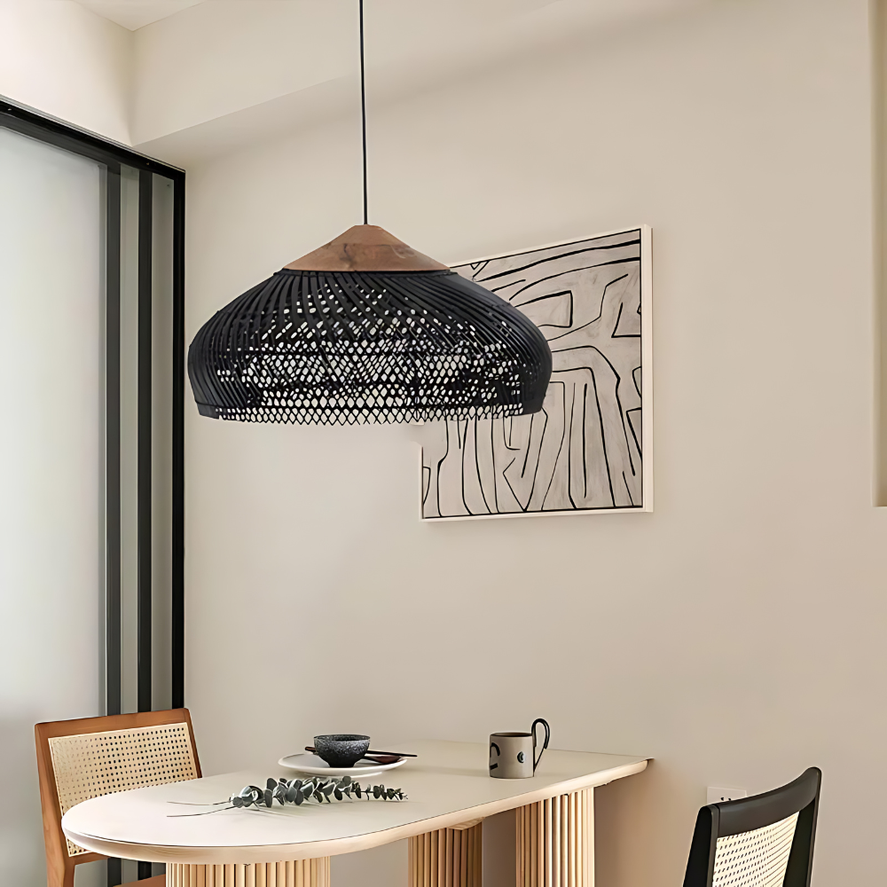 Pendant Light Rattan Woven 23.6 in Natural Dining Room Kitchen Island Hanging Ceiling Lamp Boho Farmhouse Lighting | Thomler