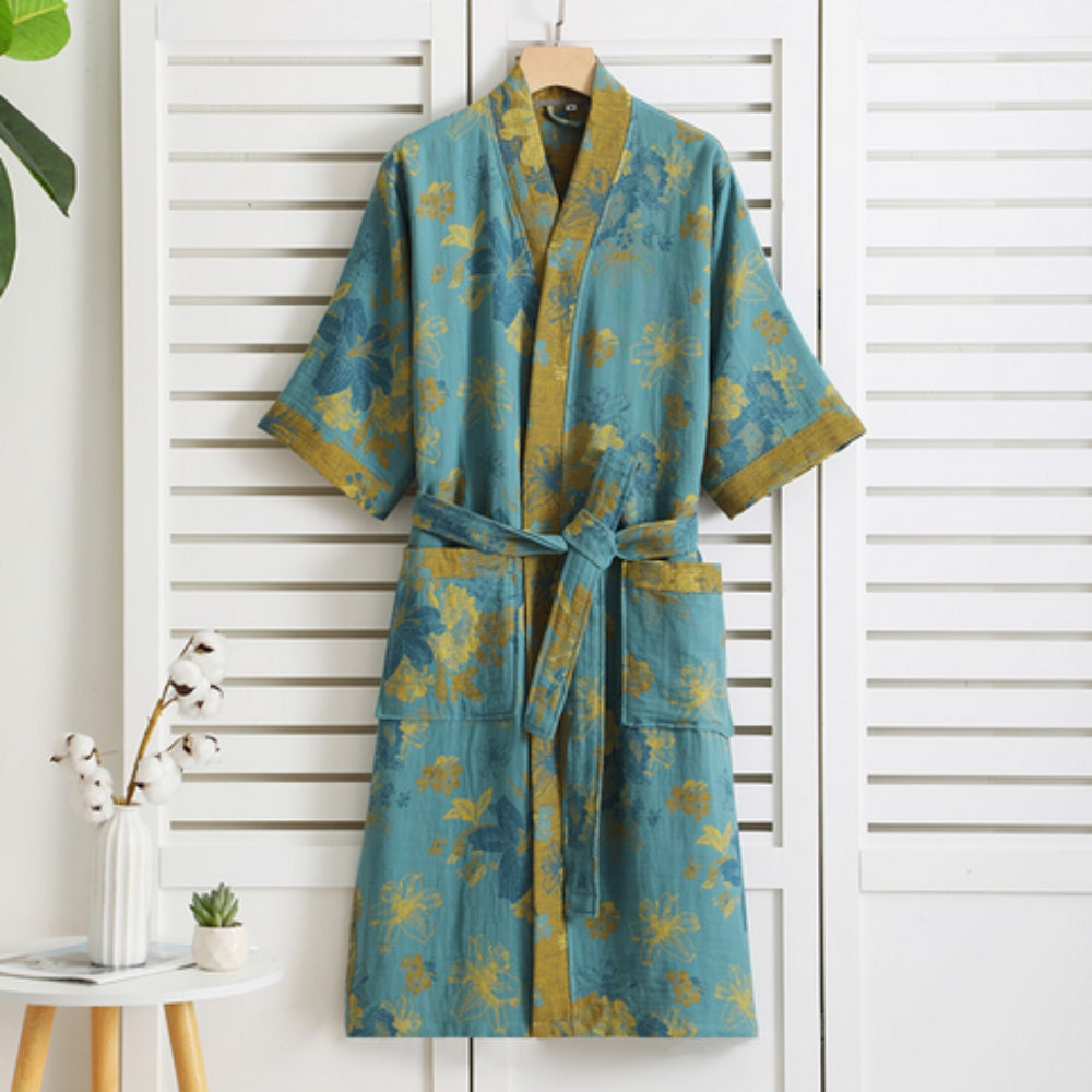 Cotton Gauze Robe with Vintage Print – Lightweight Breathable Loungewear for Women | Soft Double-Layer Spa Robe for Home Relaxation | Thomler