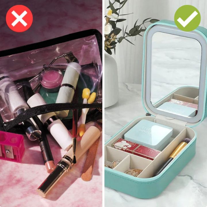 Lighted Makeup Travel Case with LED Mirror & Organizer Compartments for Beauty Products, Cosmetics Storage, On-the-Go Touch-Up Kit | Thomler