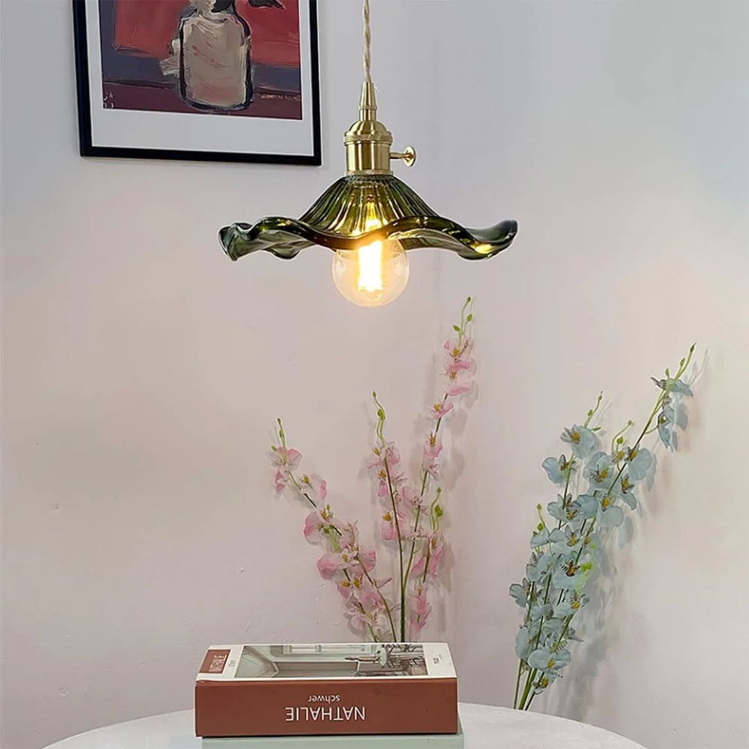 Pendant Light Glass Brass Flower Shade 23.0 cm Green Dining Room Bedroom Hanging Ceiling Lamp Retro Vintage Decorative | Thomler