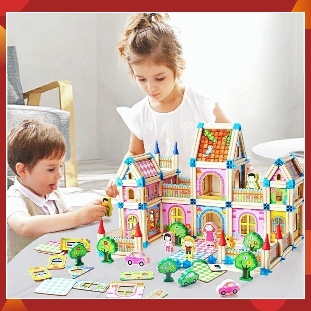 Wooden Modular Dollhouse Construction Set – Creative Building Activity for Kids Age 2+ with Architectural Pieces, Doors & Windows | Thomler