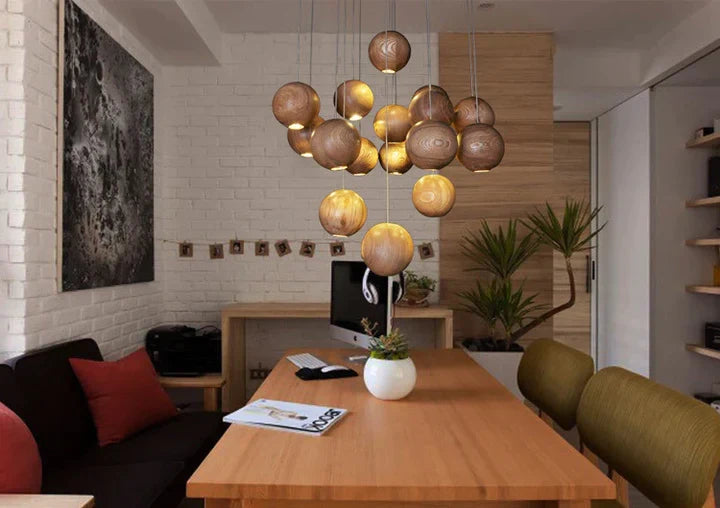 Natural Wood Sphere Pendant Light | Modern Globe Drop Ceiling Lamp for Kitchen Island, Dining Room, Living Room & Restaurant | Adjustable | Thomler