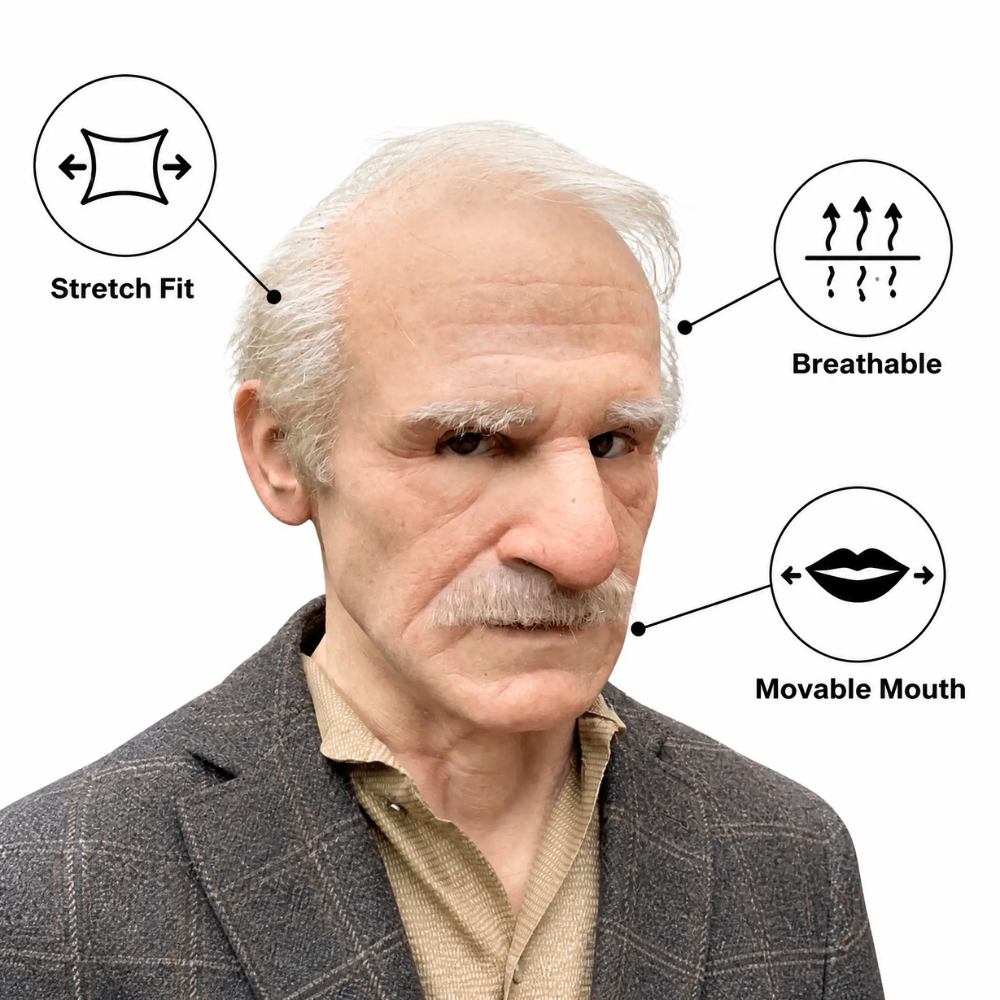 Elderly Character Latex Full-Head Costume Mask with Movable Jaw for Halloween, Theater, and Cosplay | Thomler