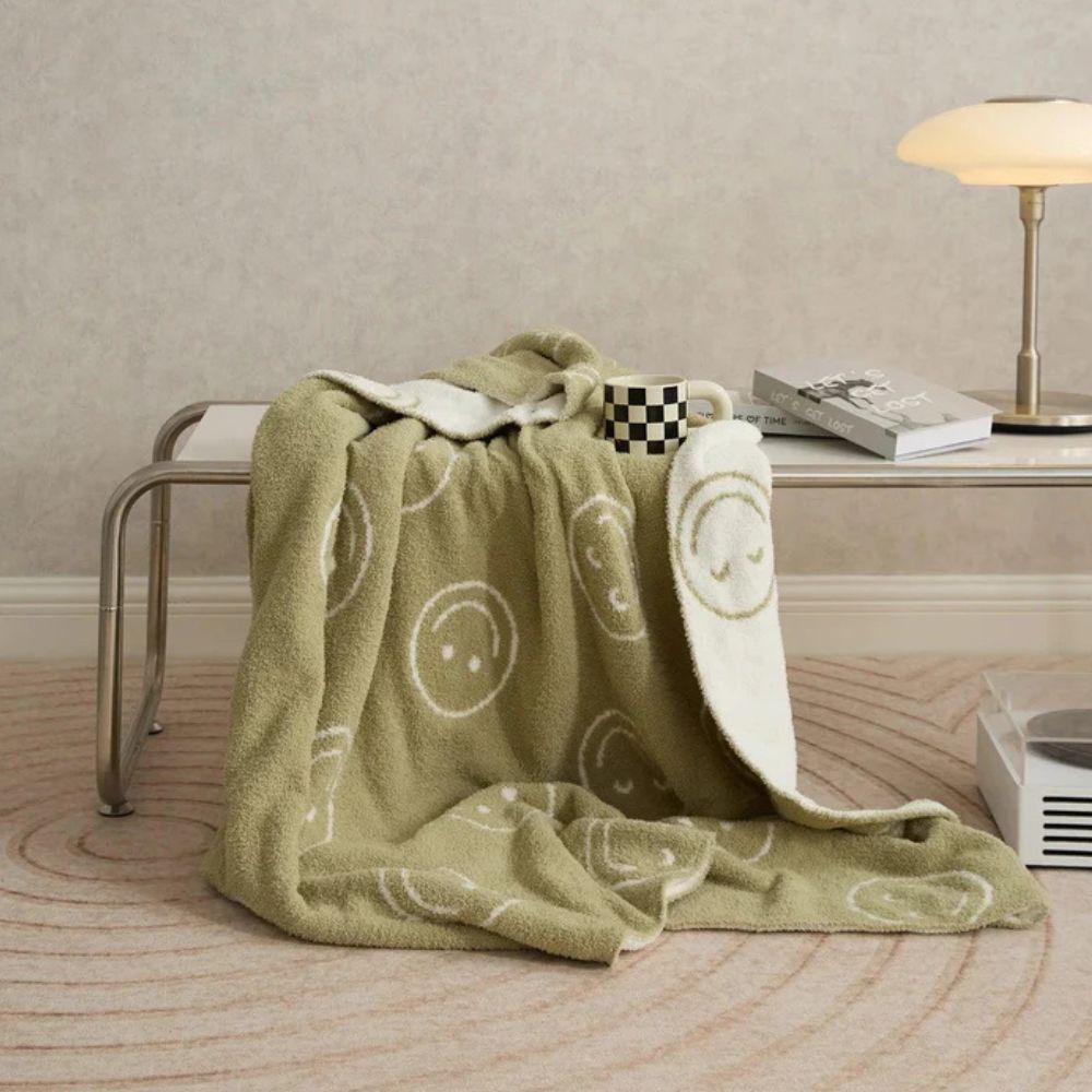 Cheerful Emoji Throw Blanket – Soft Knit Accent for Couch or Bed – Yellow Happy Face Design | Thomler