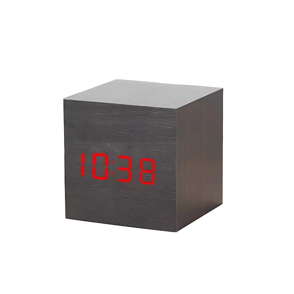 Wooden LED Cube Alarm Clock with Temperature Display and USB Power for Bedroom Nightstand Desk Office | Thomler