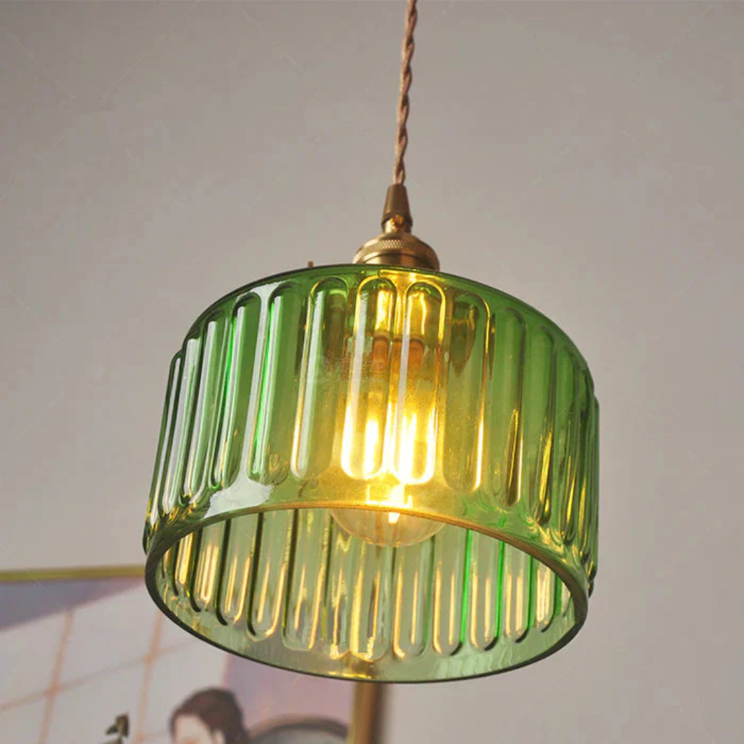 Pendant Light Ribbed Glass E27 Green Adjustable 150.0 cm Dining Room Kitchen Island Hanging Ceiling Lamp | Thomler