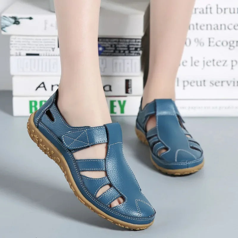 Women's Leather Sandals with Hook-and-Loop Straps & Cushioned Footbed | Summer Walking Shoes with Adjustable Fit | Thomler