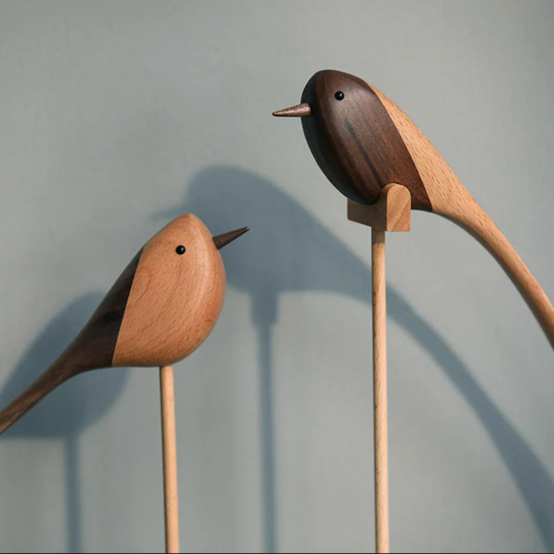 Handcrafted Wooden Bird Sculptures Set of 2 Decorative Figurines Modern Redwood Accent Pieces for Living Room Bedroom Office Mantel | Thomler