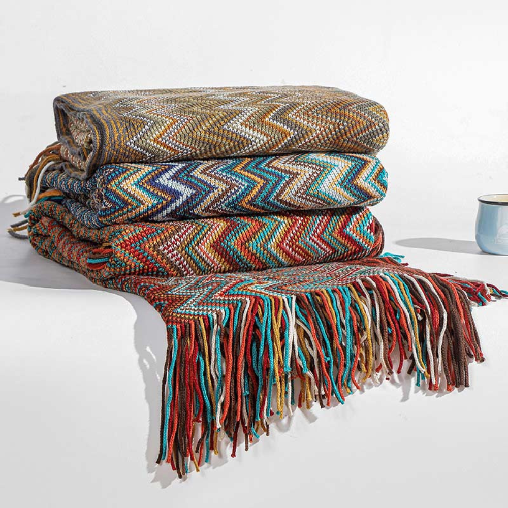 Chevron Knit Throw Blanket with Fringe Trim – Lightweight Acrylic for Year-Round Comfort | Thomler