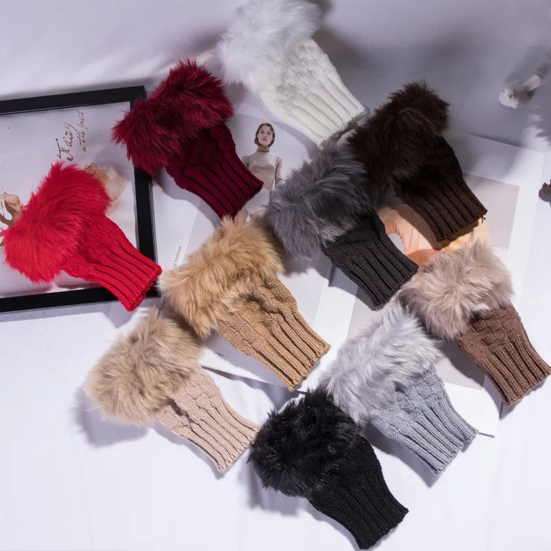 Soft Knit Fingerless Hand Warmers with Plush Faux Rabbit Fur Trim for Women – Stretchy Half-Finger Mittens for Texting & Typing in Cold | Thomler
