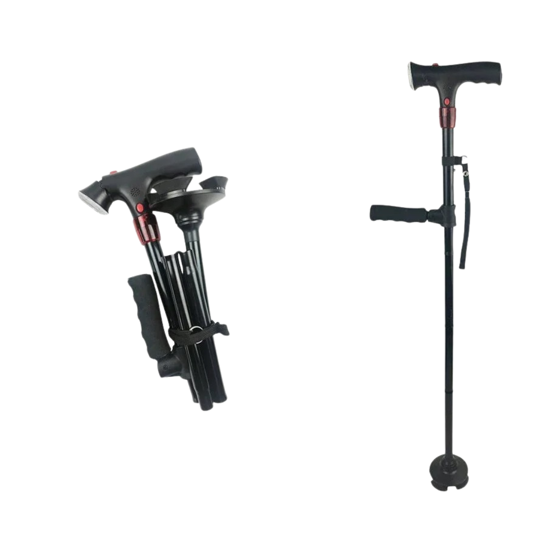Quad-Base Folding Walking Cane with LED Light & Alarm for Stability, Balance Support & Mobility Aid | Thomler