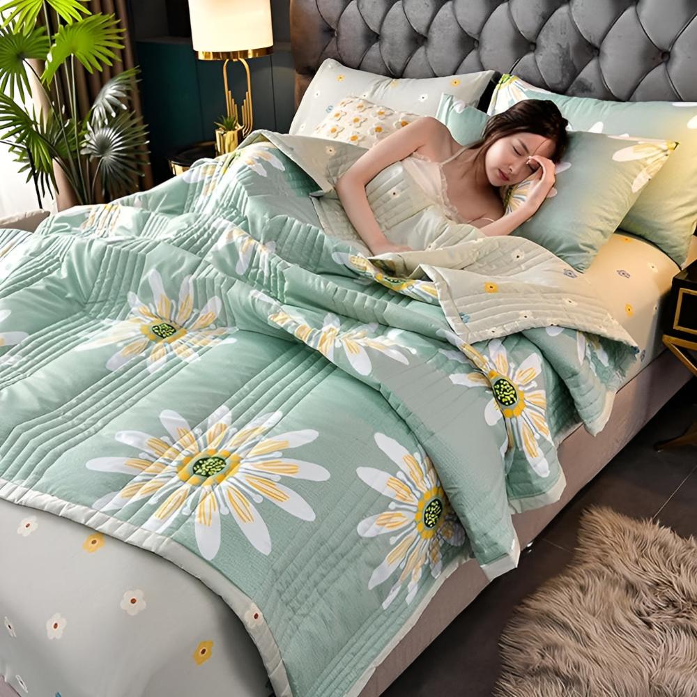 Reversible Floral Print Throw Blanket Soft Sherpa Fleece All-Season Bed Couch Cover Daisy Pattern Green Yellow | Thomler