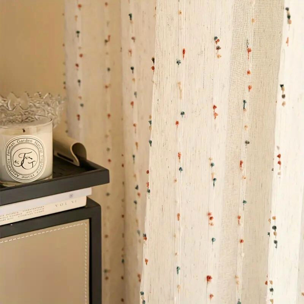Sheer Voile Window Panel with Embroidered Rainbow Arcs – Playful Light-Filtering Drape for Kids Room, Nursery, Living Space & Balcony | Thomler