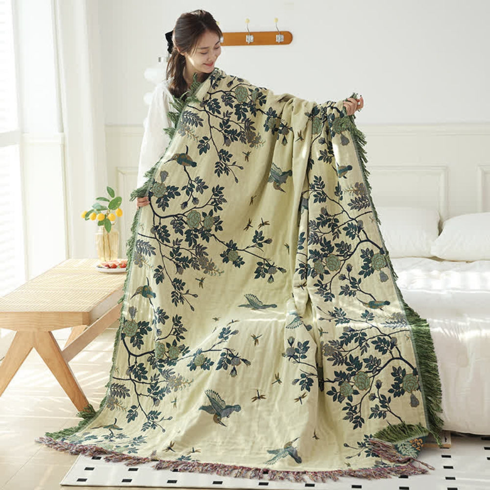 Layered Cotton Gauze Throw Blanket with Tassels – Jacquard Textured Woven Coverlet for Bed Couch Sofa Living Room Bedroom Decor | Thomler