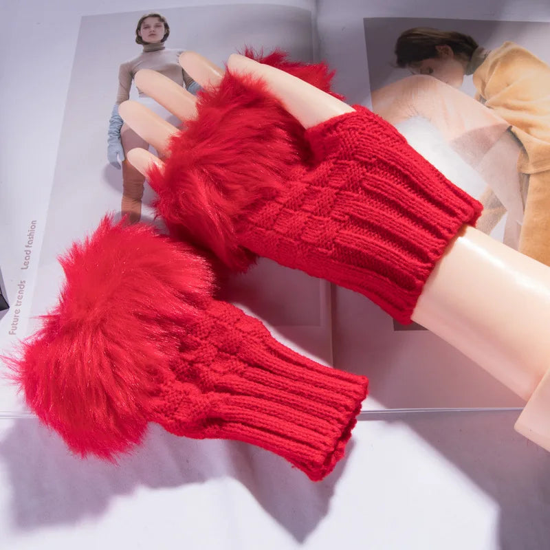 Soft Knit Fingerless Hand Warmers with Plush Faux Rabbit Fur Trim for Women – Stretchy Half-Finger Mittens for Texting & Typing in Cold | Thomler