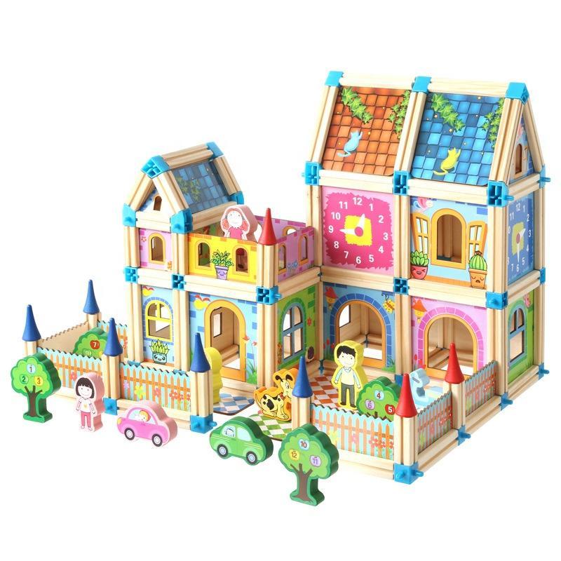Wooden Modular Dollhouse Construction Set – Creative Building Activity for Kids Age 2+ with Architectural Pieces, Doors & Windows | Thomler