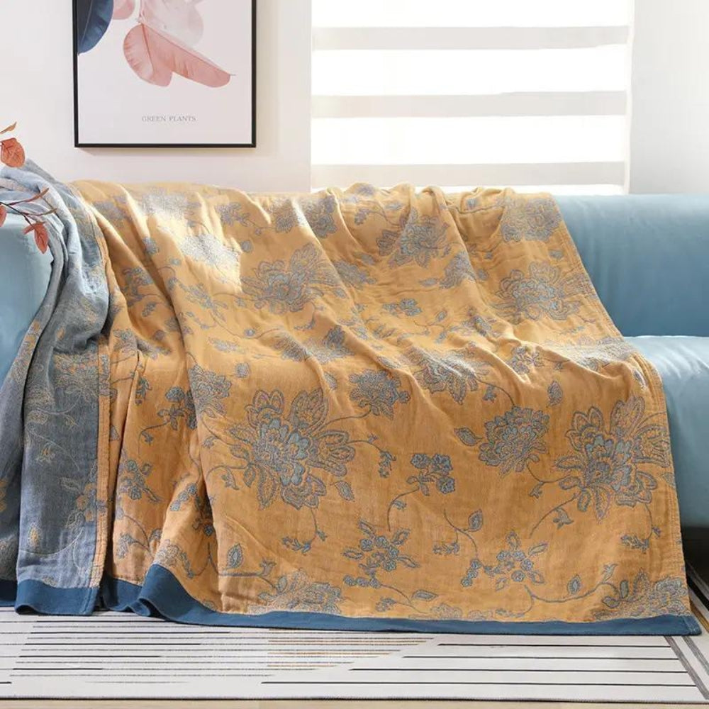 Lightweight Cotton Gauze Throw Blanket with Floral Design for Year-Round Comfort, Breathable Bedding for Bedroom, Sofa, or Guest Room | Thomler