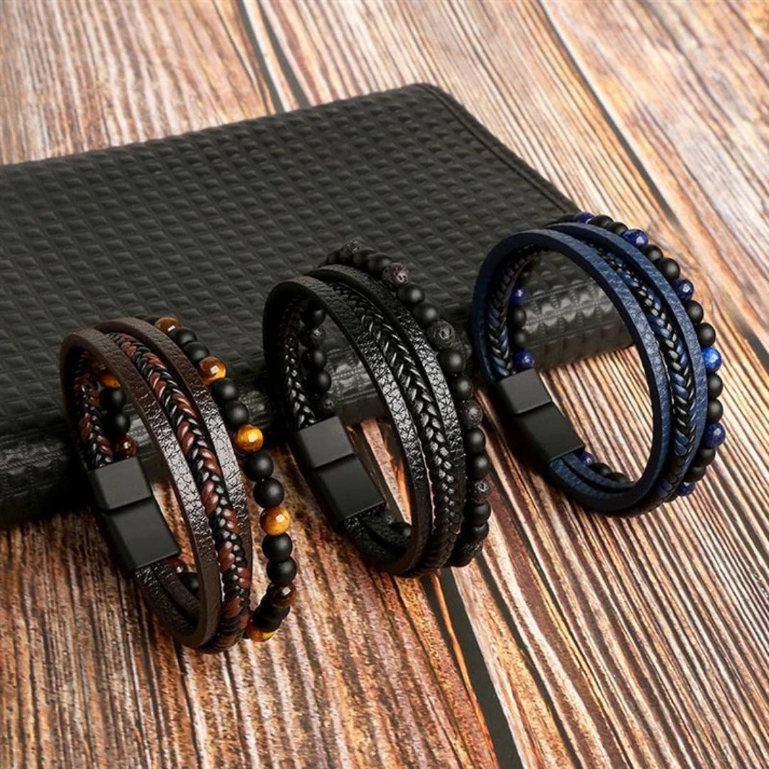 Men's Multi-Strand Magnetic Bracelet – Braided Leather & Beaded Layers for Everyday Style | Thomler