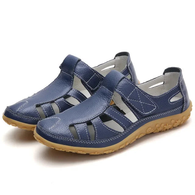 Women's Leather Sandals with Hook-and-Loop Straps & Cushioned Footbed | Summer Walking Shoes with Adjustable Fit | Thomler
