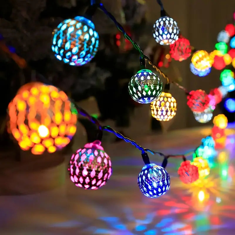 Moroccan Metal Globe String Lights Solar Powered Outdoor Patio Decor 20-30 Warm White LED Orbs Bohemian Weatherproof Garden Balcony | Thomler