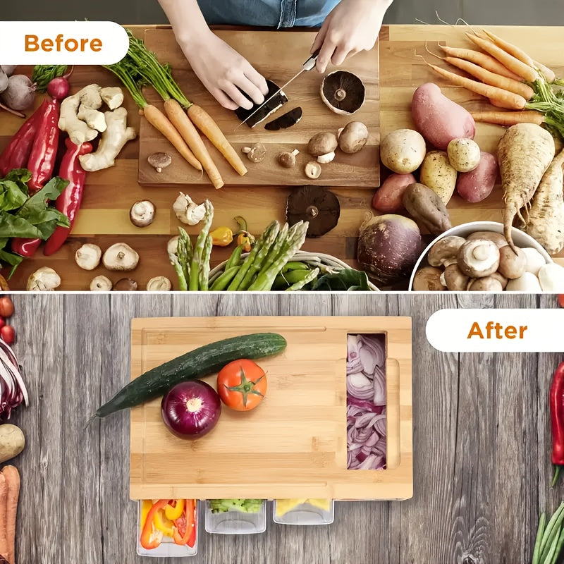 Bamboo Chopping Board with Slide-Out Prep Trays & 4-Piece Grater Set – All-in-One Food Prep Station for Home Kitchens | Thomler