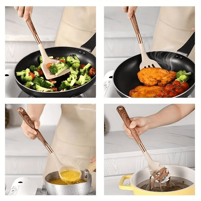 Kitchen Utensil Set Silicone 10 Piece Non Stick Cooking Baking Serving Tools Wood Look Handles | Thomler