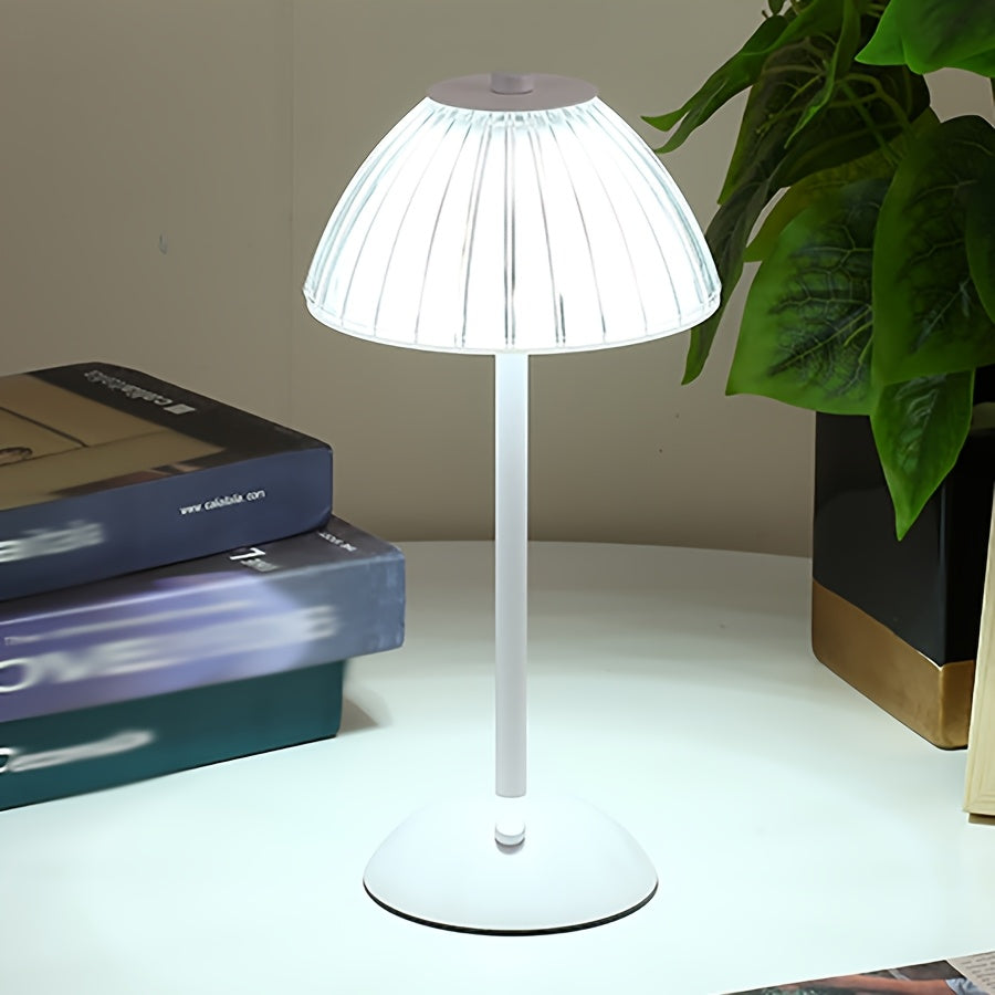 Rechargeable Touch LED Accent Lamp with Ribbed Glass Shade – Cordless Bedside Light for Nightstand, Dining Table, Restaurant – 3 Color | Thomler