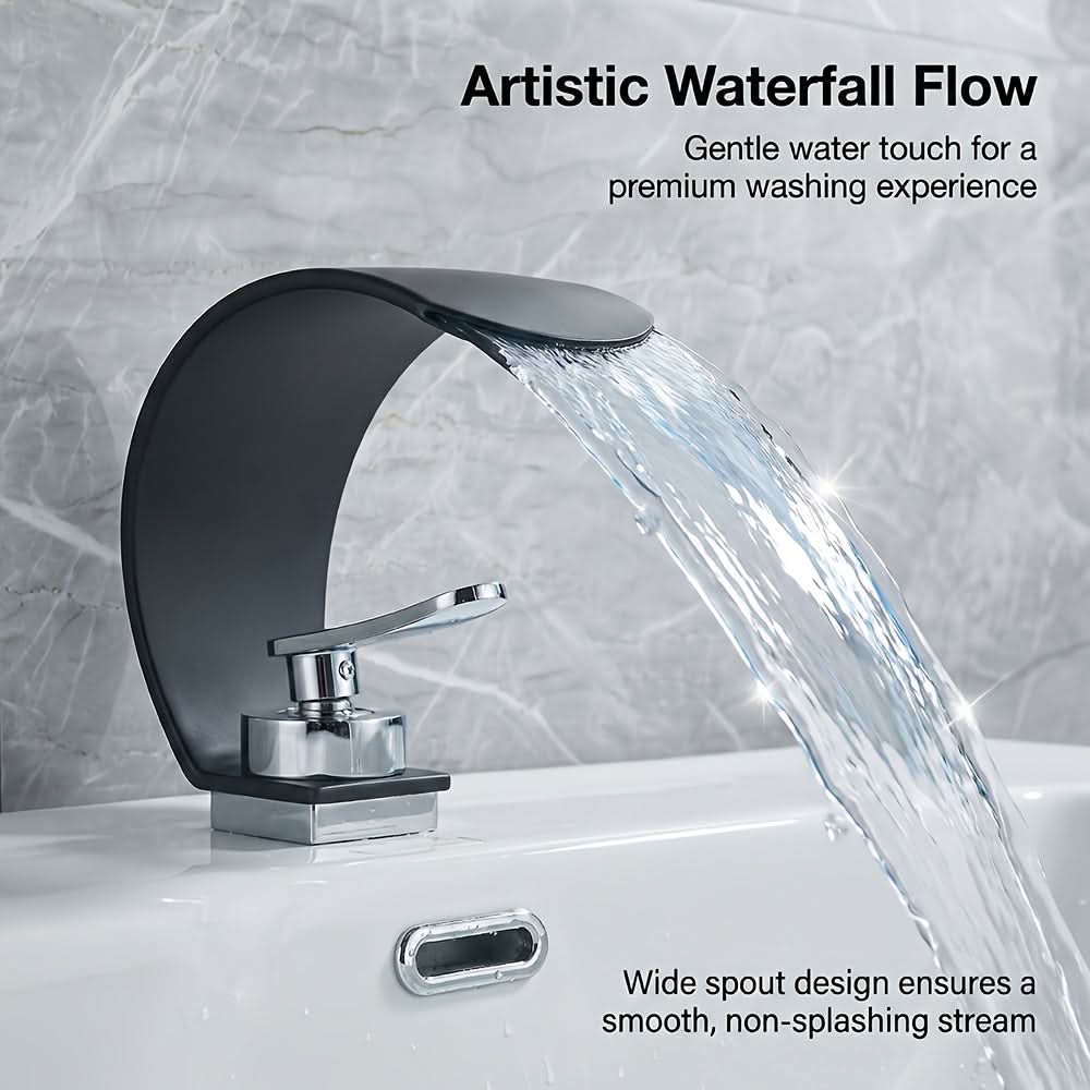 Curved Waterfall Bathroom Sink Faucet with Mirror Finish – Single Handle Hot & Cold Mixer Tap for Modern Vanity & Basin – Polished | Thomler