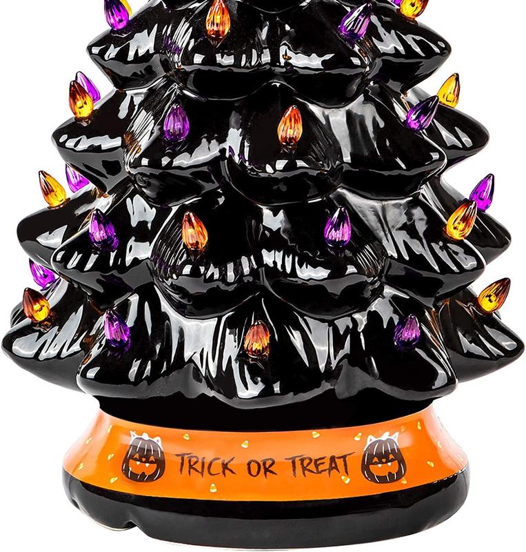 Battery-Powered Ceramic Tree with Purple & Orange Bead Lights – Spooky Holiday Accent for Desktop, Shelf & Mantle | Thomler