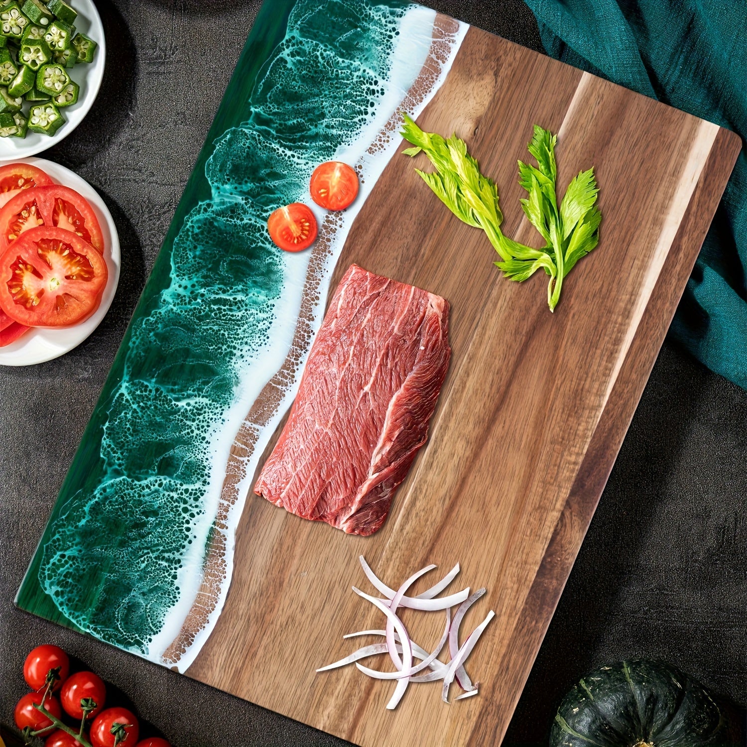 Acacia Wood Serving Board with Resin Wave Inlay 18x9 Inch Coastal Charcuterie Tray for Cheese Fruit Bread Kitchen Decor | Thomler