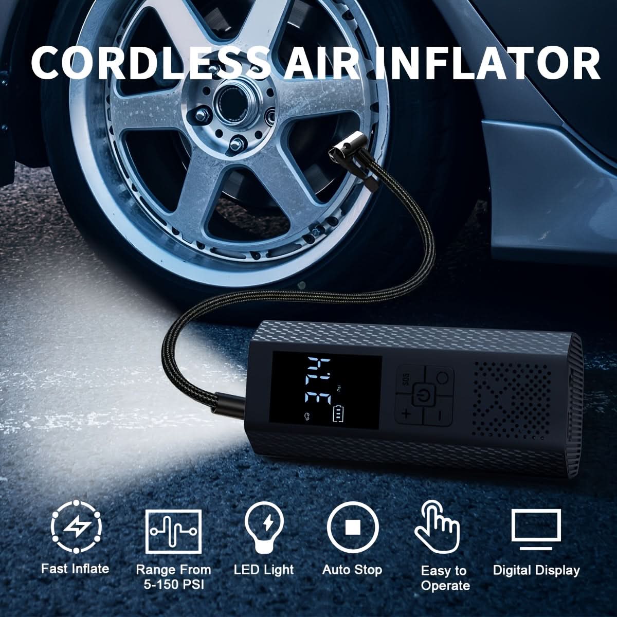Rechargeable Digital Tire Pump – 150 PSI Portable Air Compressor for Car, Bike & Sports Gear | Thomler