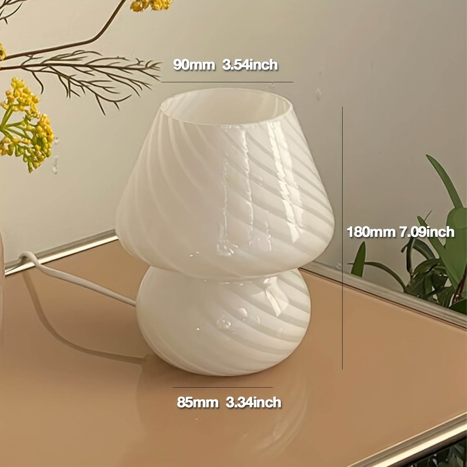 Hand-Blown Glass Mushroom Table Lamp USB Dimmable LED Bedside Light Retro Swirl Accent Lighting for Bedroom Living Room Desk | Thomler
