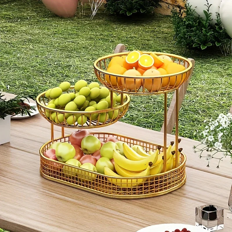 Fruit Bowl Metal 26.0 cm Gold Three Tier Kitchen Counter Storage Snack Display Organiser Serving Stand | Thomler