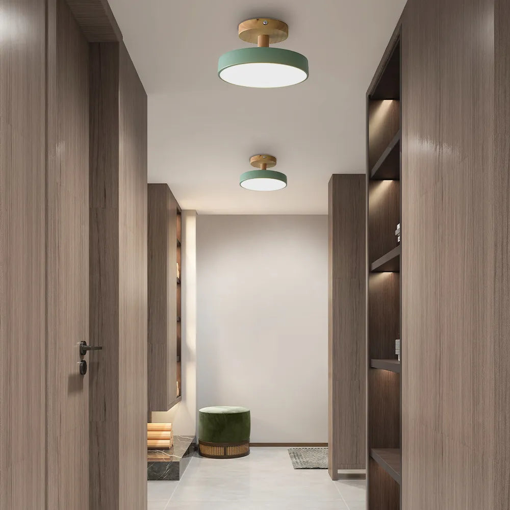Wooden Ceiling Light with Soft Pastel Shade – Compact Flush Mount LED for Bedroom, Entryway & Small Living Space | Thomler