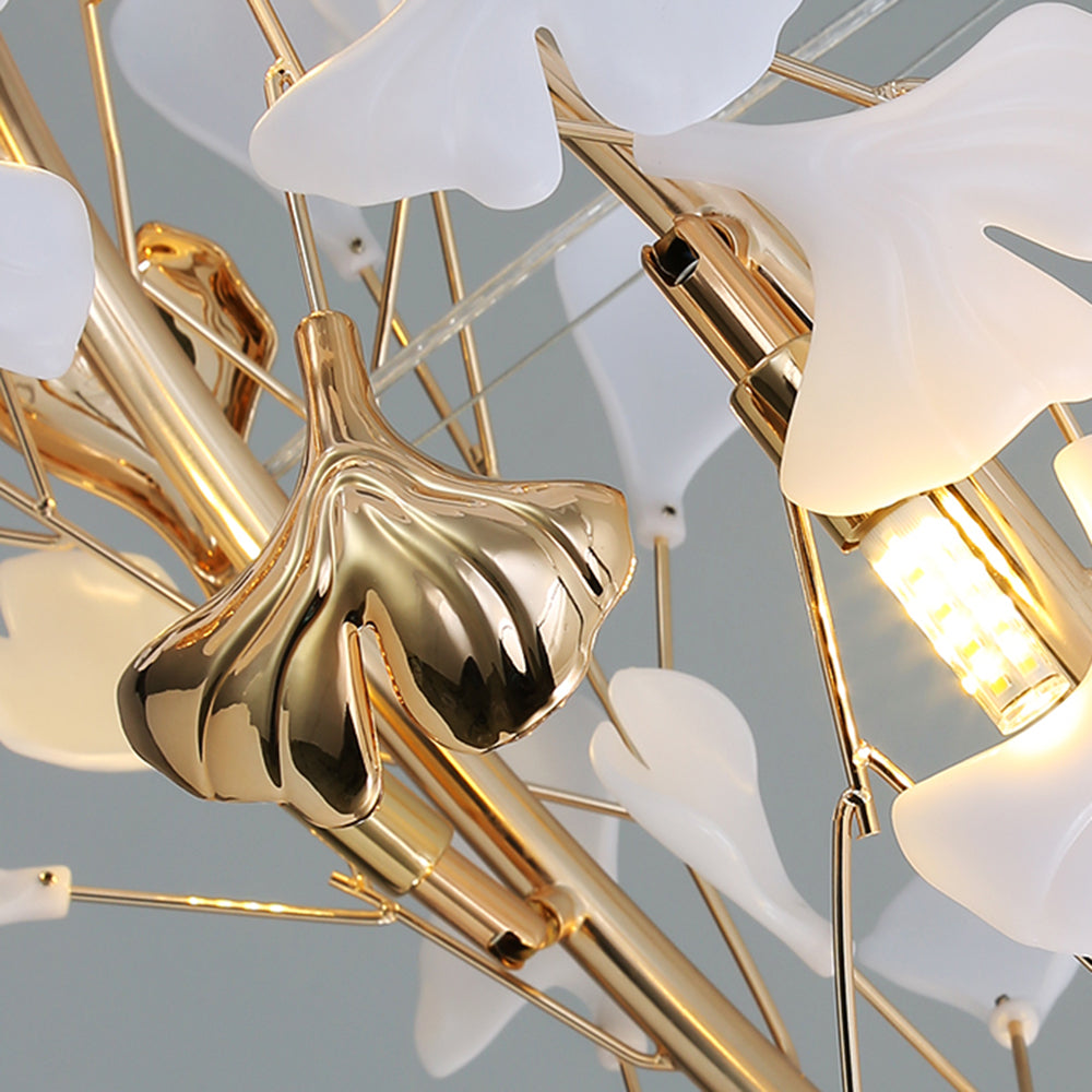 Ceramic Leaf Cluster Pendant Light with Adjustable Cord – Gold Metal Frame Multi-Bulb Chandelier for Dining Room, Living Room & Bedroom | Thomler