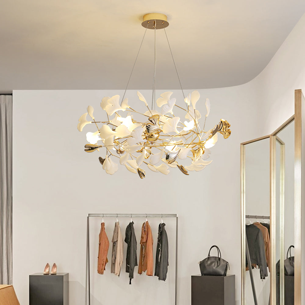 Ceramic Leaf Cluster Pendant Light with Adjustable Cord – Gold Metal Frame Multi-Bulb Chandelier for Dining Room, Living Room & Bedroom | Thomler