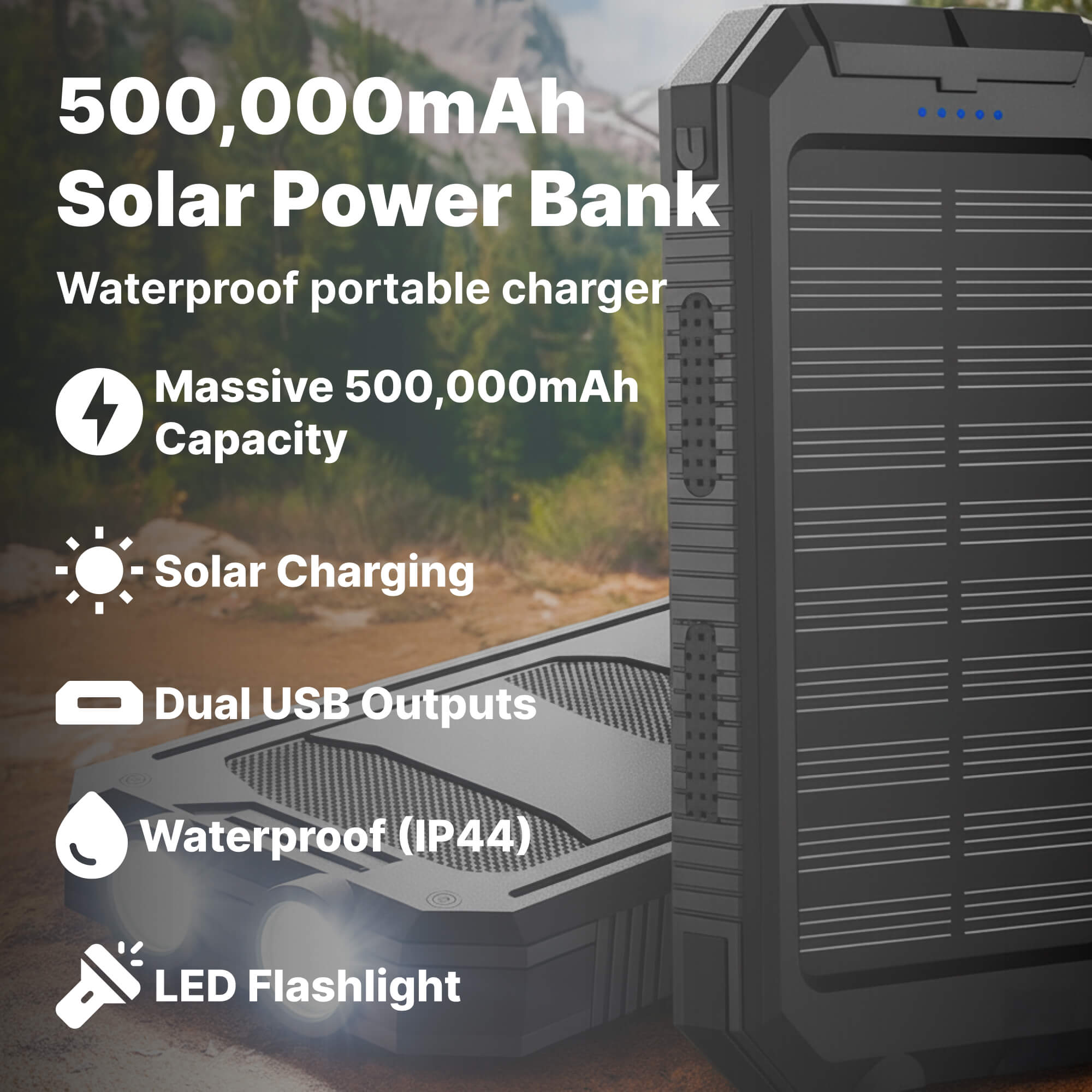 Power Bank Solar 500000mAh Dual USB Outdoor Camping Emergency Charger Waterproof Portable Battery Pack | Thomler