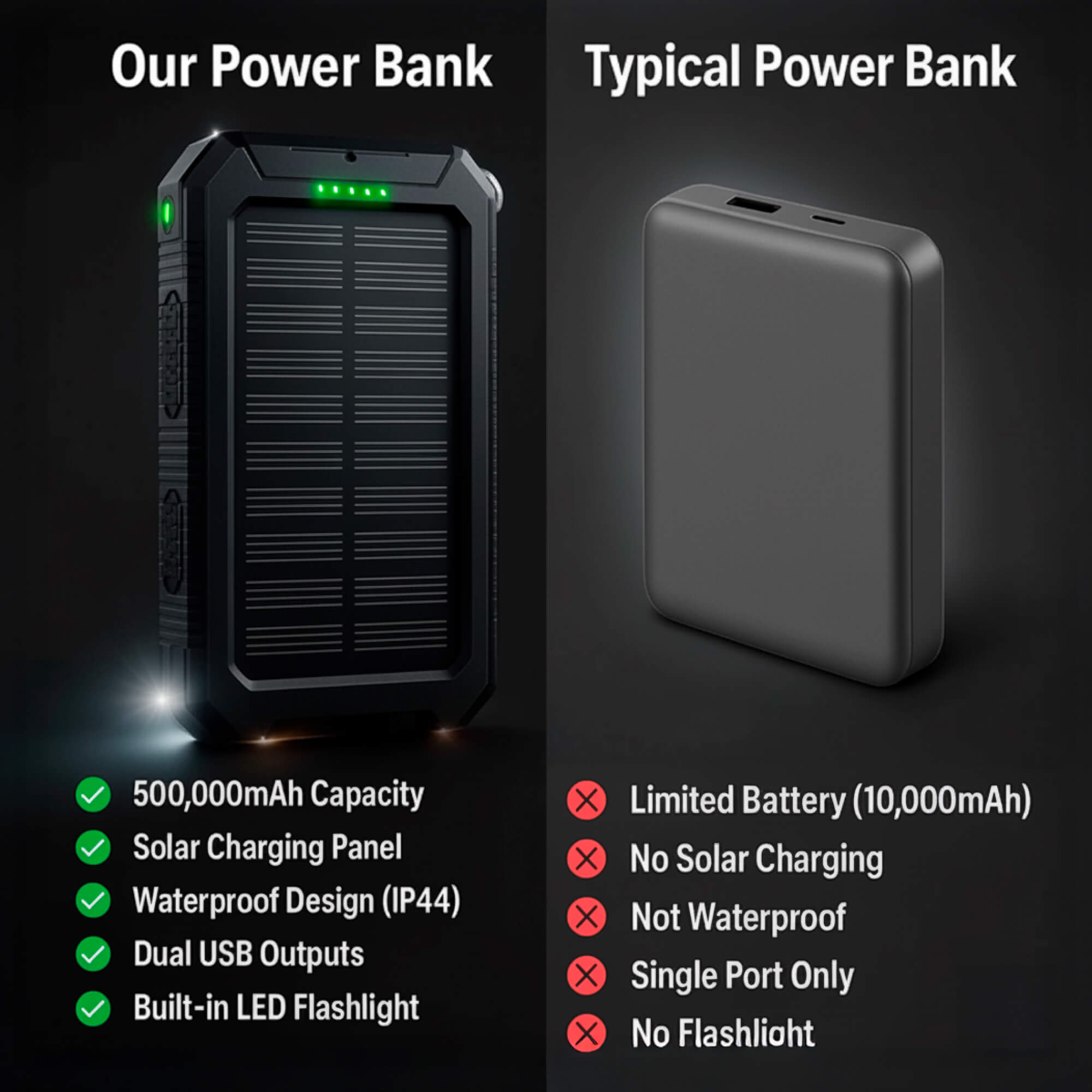 Power Bank Solar 500000mAh Dual USB Outdoor Camping Emergency Charger Waterproof Portable Battery Pack | Thomler