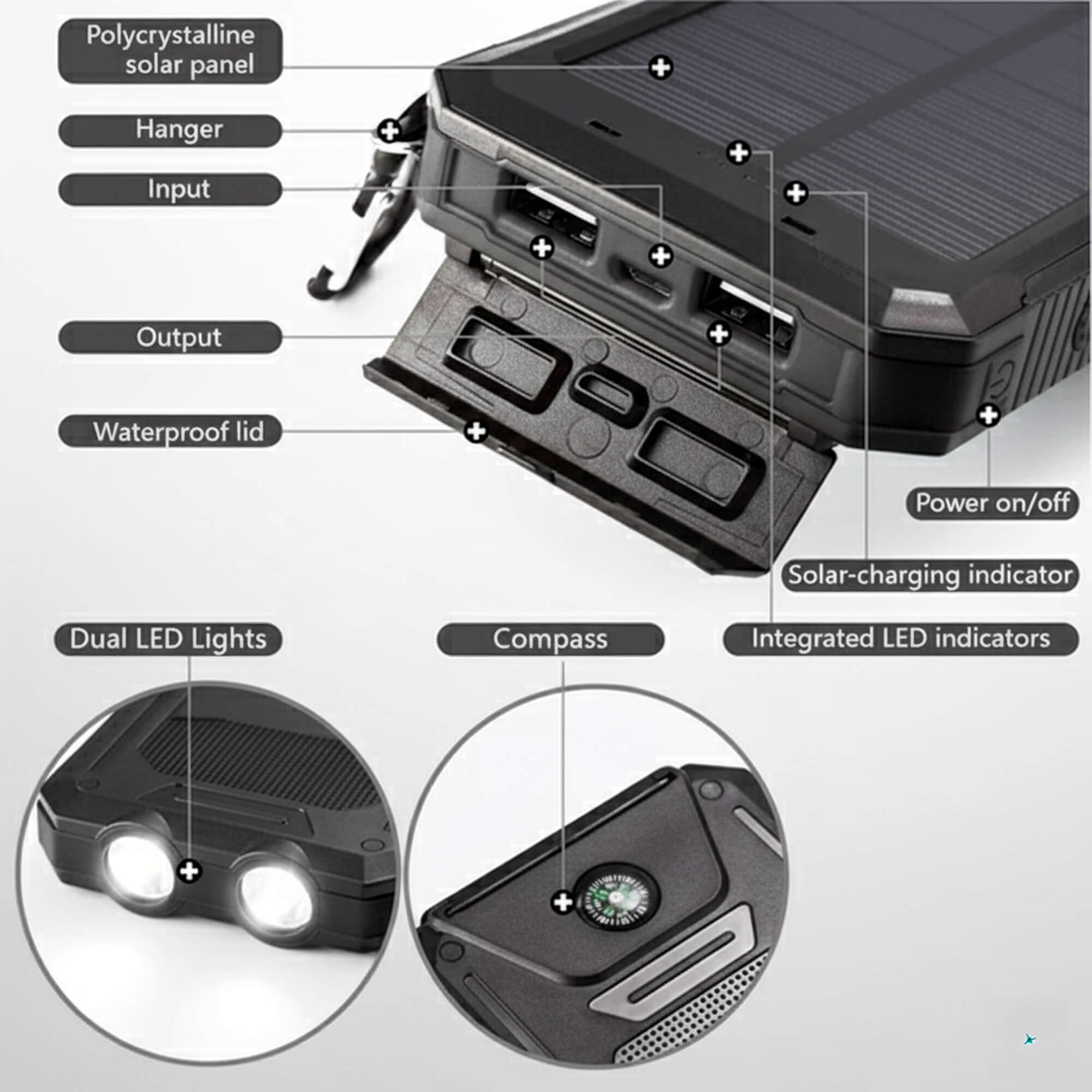 Power Bank Solar 500000mAh Dual USB Outdoor Camping Emergency Charger Waterproof Portable Battery Pack | Thomler