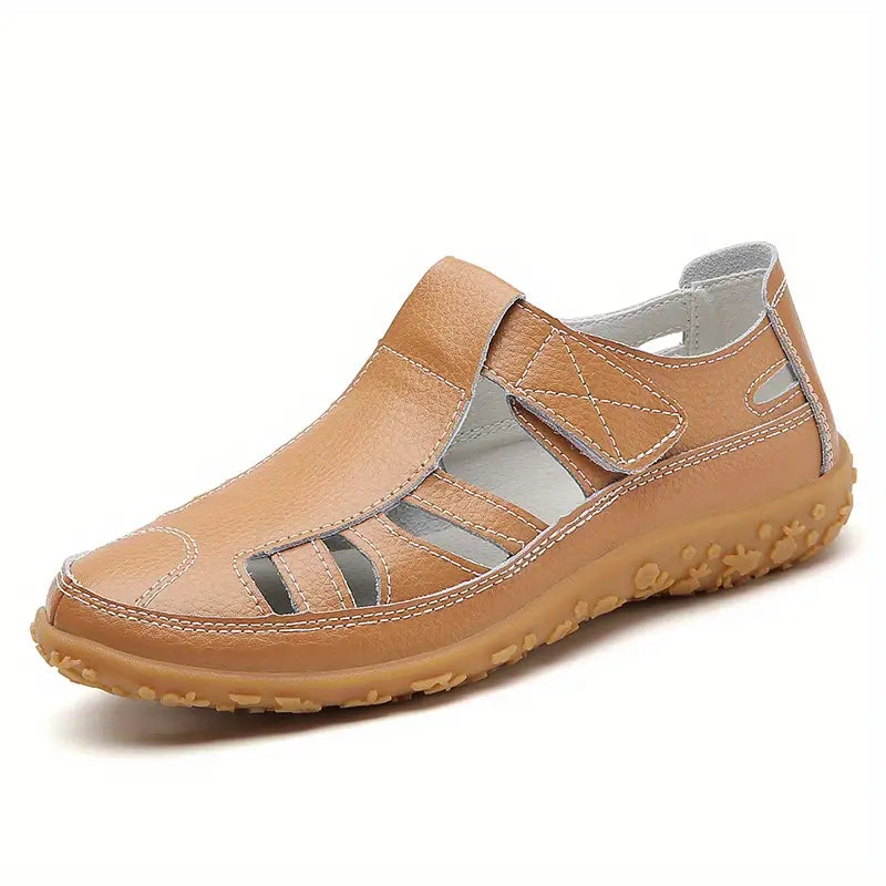 Women's Leather Sandals with Hook-and-Loop Straps & Cushioned Footbed | Summer Walking Shoes with Adjustable Fit | Thomler