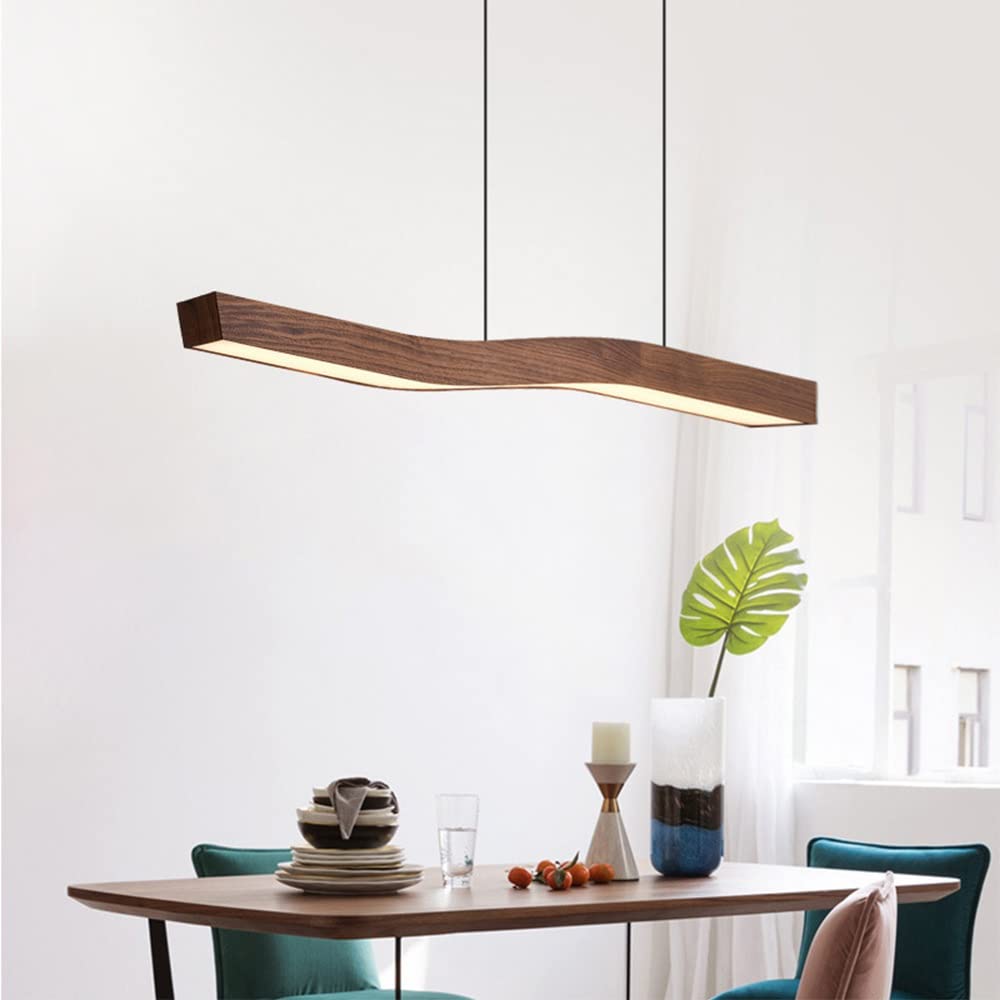 Modern Wave Pendant Light with Walnut-Finish Metal Frame & Dimmable LED for Dining Room Kitchen | Thomler