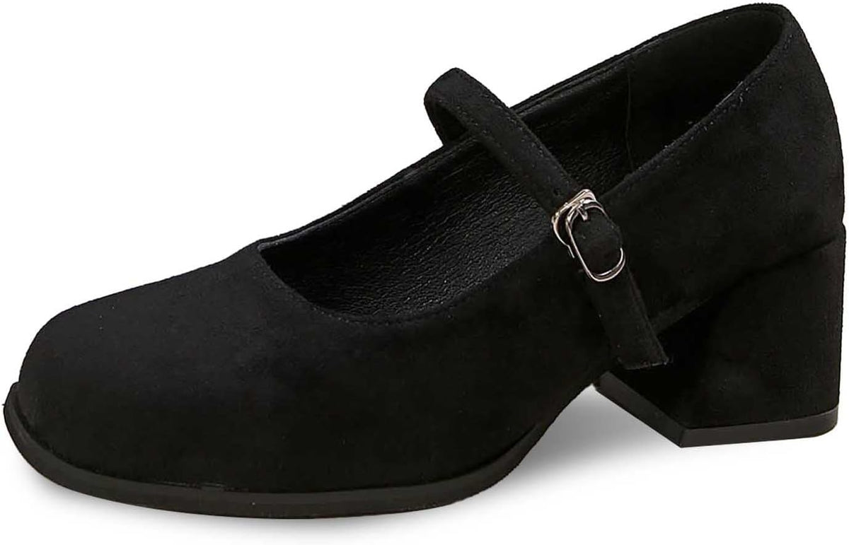 Women's Suede Block-Heel Pumps with Adjustable Buckle Strap | Thomler
