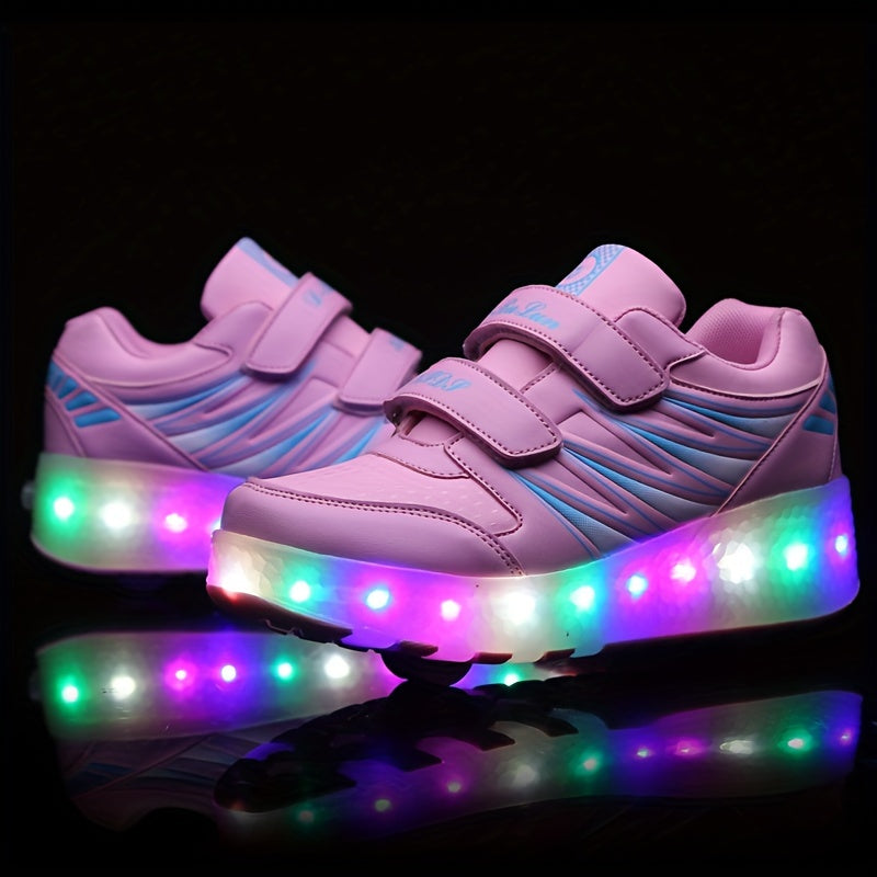 Roller Sneakers Faux Leather LED Sole Pink Children Outdoor Play Detachable Wheel Light Up Shoes Double Velcro | Thomler