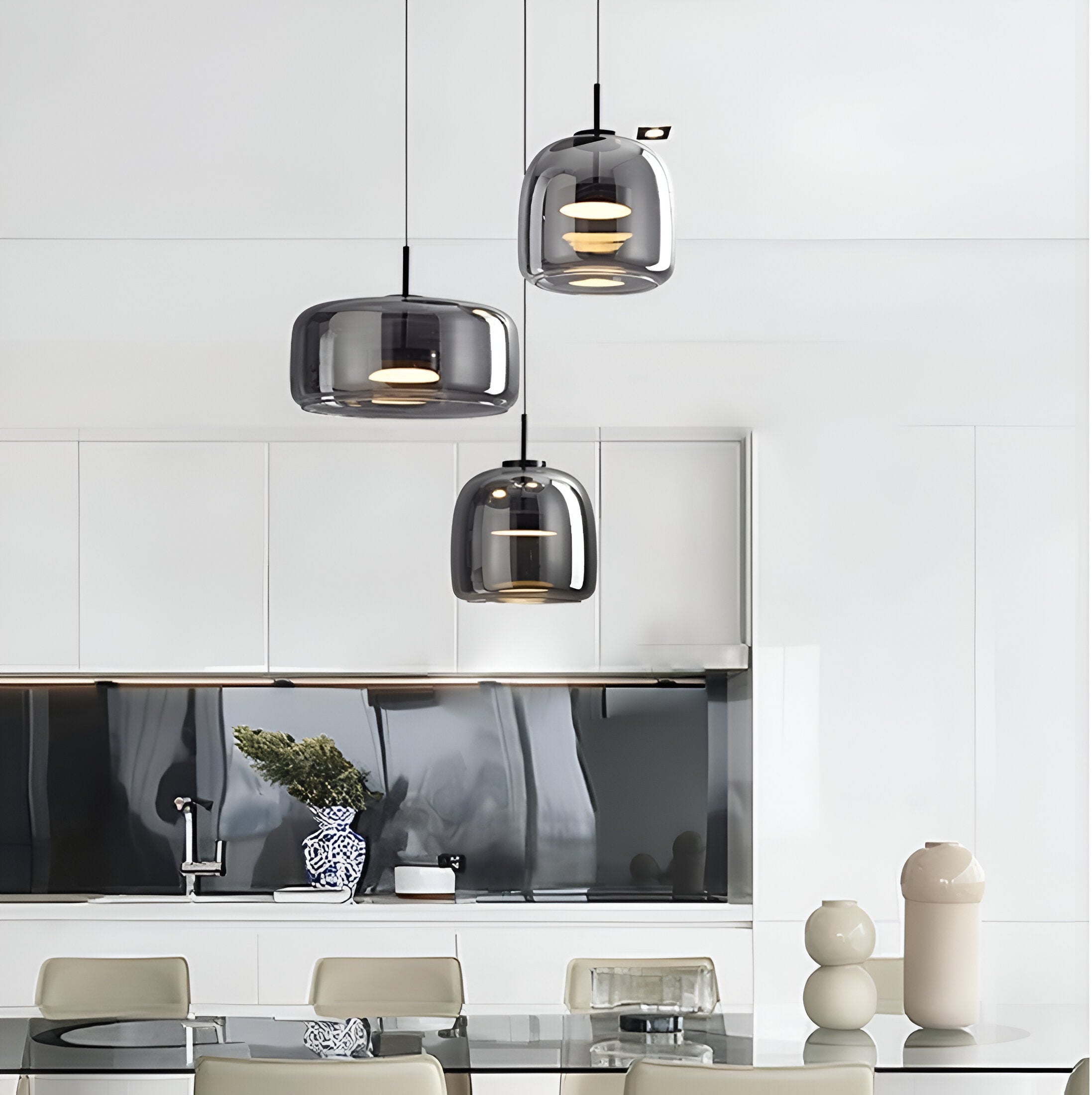 Pendant Light Hand Blown Glass Ø38.0 cm Smoked Grey Dining Room Kitchen Island Adjustable LED Hanging Ceiling Lamp | Thomler